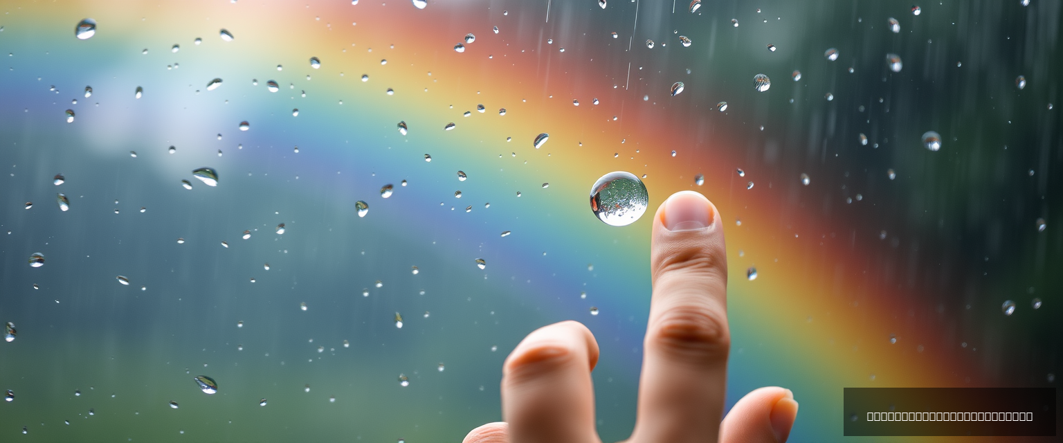 hand touching raindrop, rain, rainbow