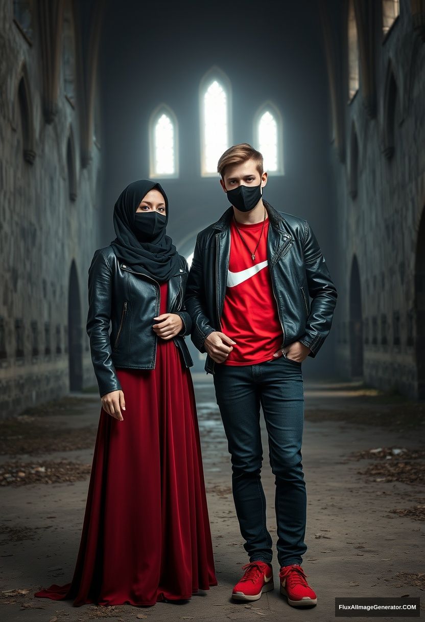 A big black hijab girl, beautiful eyes, black face mask, black leather jacket, the longest red dress, not tall, standing near him and in love, holding his arm.

Jamie Dornan, handsome, youngest, black face mask, fit and tough body, red Nike t-shirt, black leather jacket, jeans, red sneakers, tall man, standing near her.

Hyper-realistic, photorealistic, studio photography, Victoria's abandoned castle, gloomy.