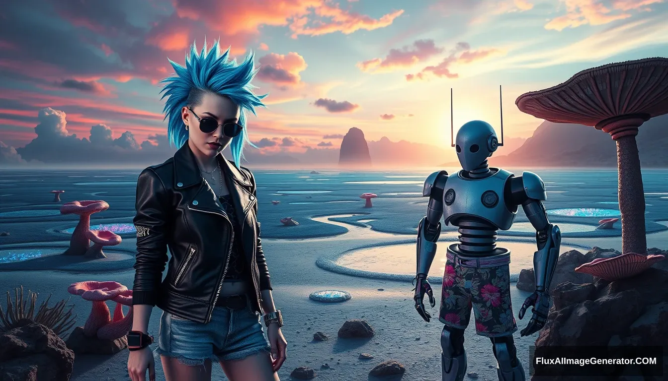 A striking, high-contrast scene showcases a punk girl with electric blue spiky hair and a leather jacket, alongside a retro-futuristic robot in Hawaiian shorts, set against a surreal alien beach with iridescent fungi and shimmering lakes under a vibrant sky.