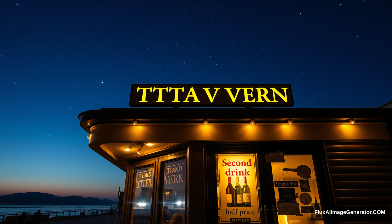 In the evening of a seaside town, the sky is dotted with stars, the tavern shines with yellow lights, there are posters at the entrance depicting wine bottles, and the poster reads "Second drink half price," with a Leica photo quality. - Image