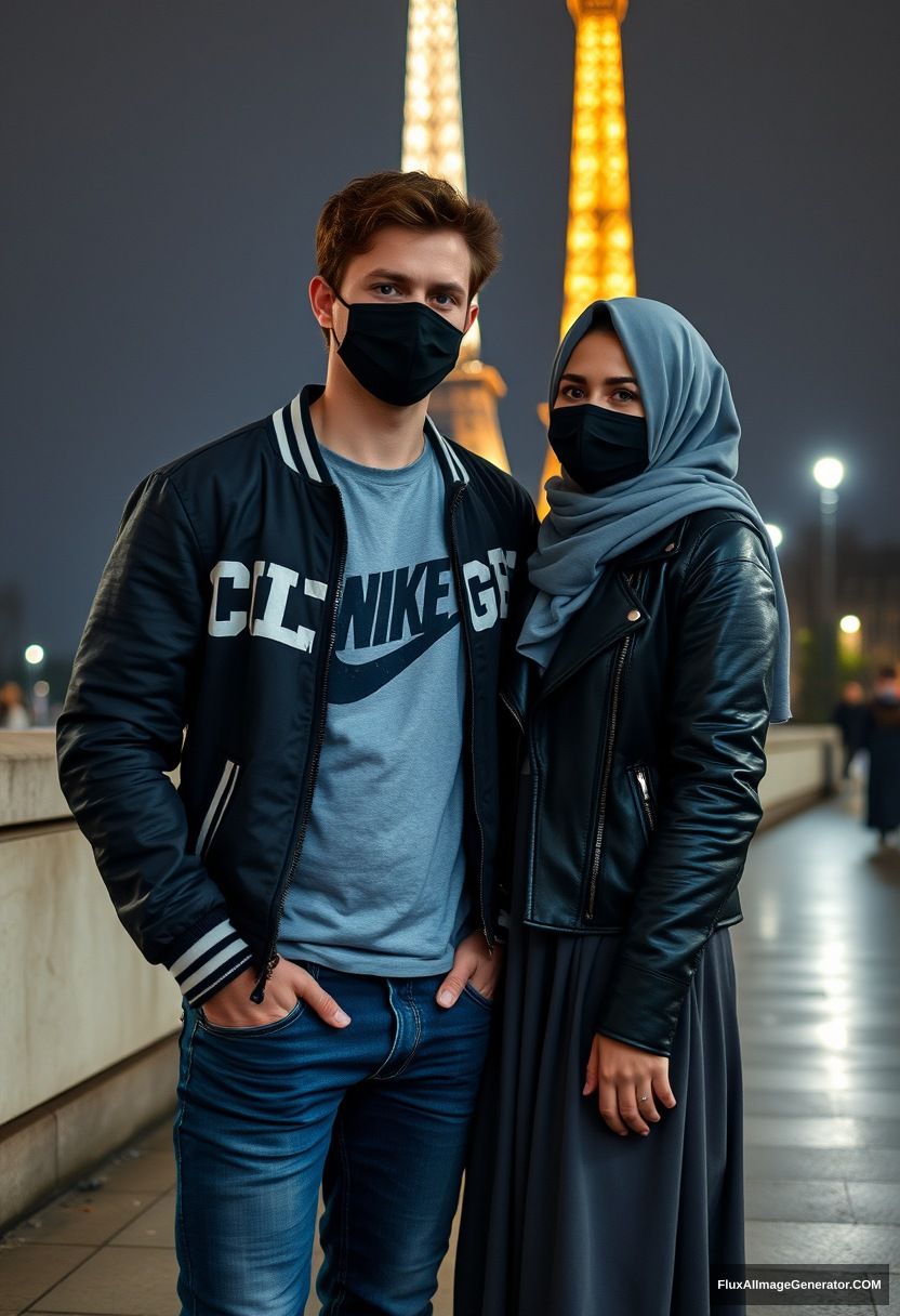 Jamie Dornan, young, black face mask, London college jacket, Nike t-shirt, jeans, tall man, fit body,

Dating, love with the biggest grey hijab Muslim girl, beautiful eyes, black face mask, leather jacket, biggest longest skirt, cute short girl,

standing near the Eiffel Tower, night scenery, hyper-realistic, photorealistic, street photography. - Image