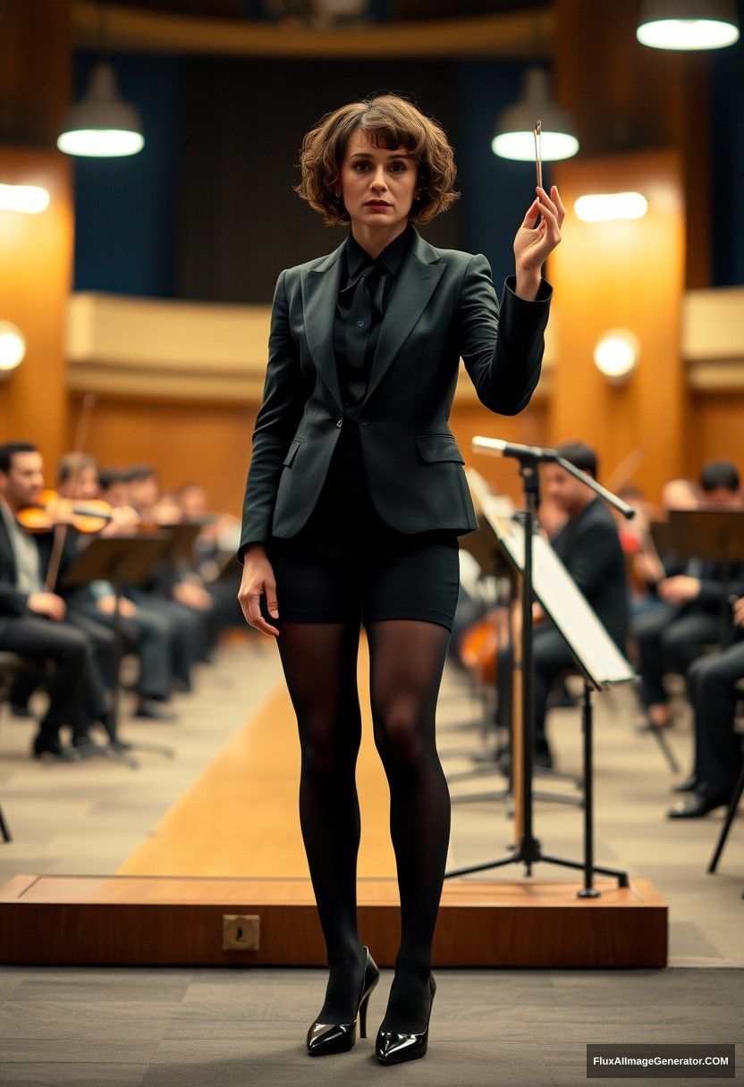 Ellen Page standing in an orchestra conductor outfit in the character environment, curly short hair, blazer, pantyhose, stiletto pumps. - Image