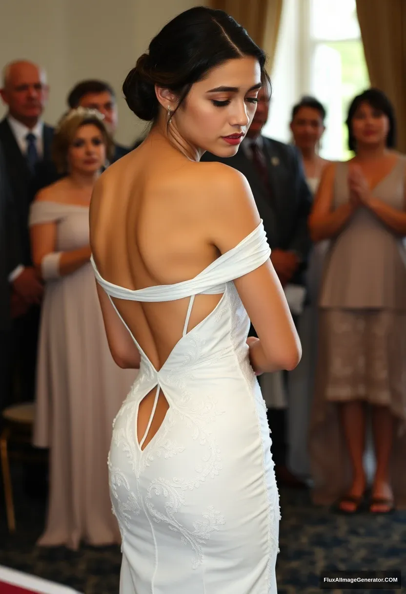 A short young woman, sensitive, delicate, ashamed, wearing an off-shoulder backless strapless side-less low-waisted open-back contouring wedding dress that's starting to come undone, in front of elder patriarchy, expectations, anticipation.