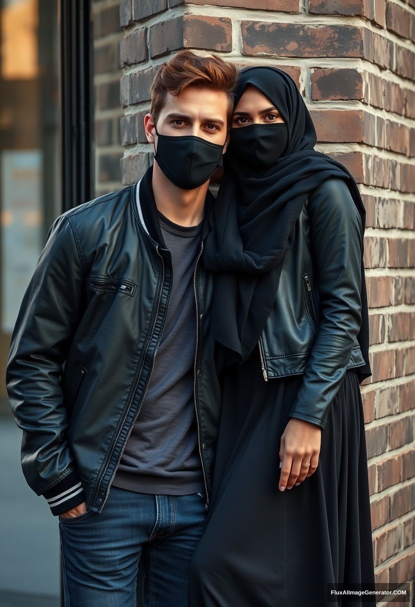 Jamie Dornan, handsome, young, wearing a black face mask, a collage jacket, and jeans, dating a beautiful Muslim girl in the biggest black hijab with beautiful eyes, wearing a black face mask, a black leather jacket, and sneakers. She is standing or laying against a brick wall in town, with a long skirt, in a morning scenery, photorealistic street photography.