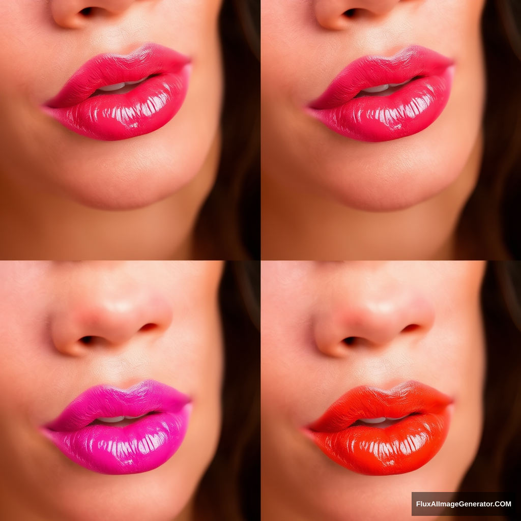 A close-up picture of a woman's lips with lip gloss. Photos of lip gloss commercials. 4-cut split photo. Place lip photos with lip gloss of different colors for each cut. - Image