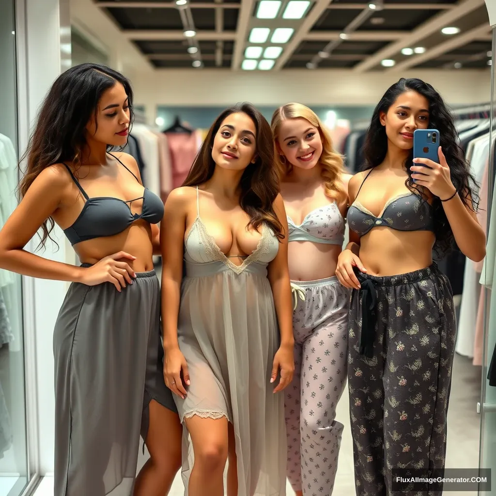 Three slim, very large-chested college students, each from different ethnic backgrounds, trying on nightwear in a store.