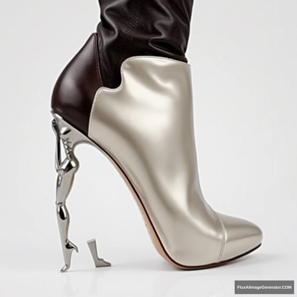 A high-fashion stiletto boot with a sleek, leather upper and a unique heel designed as a metallic sculpture of a woman's body in an artistic and sexy pose that embraces the boot. The heel features a detailed, life-like figure of a woman, with the torso and legs forming the structure. The rest of the boot is made from traditional materials like leather, suede, and lace, while only the heel is reflective metal, highlighting the intricate design. The background is minimalist, ensuring the sculpted heel remains the focal point. - Image