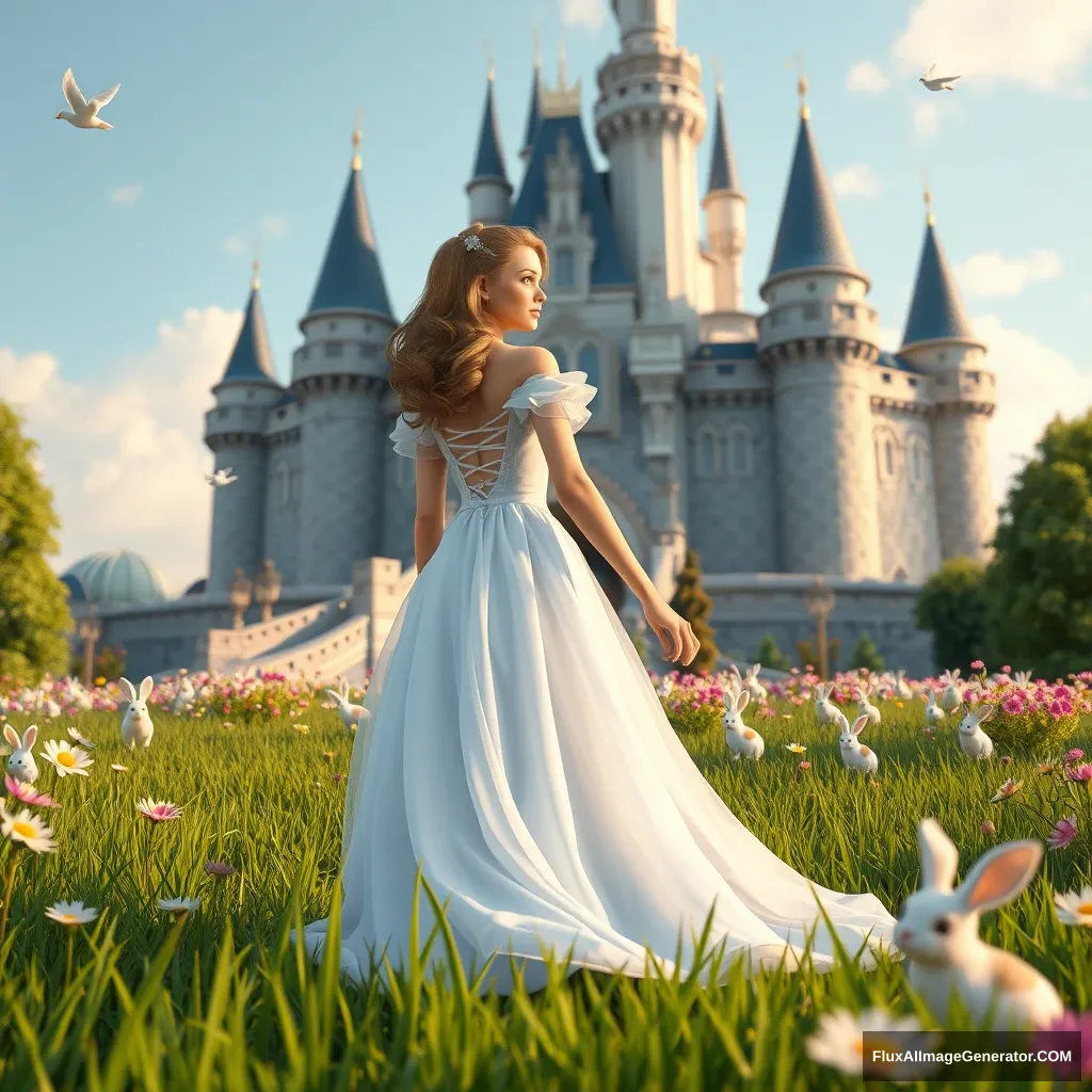 A princess in a white chiffon dress, looking ahead in the grass in front of the castle, with cute furry bunnies, birds, flowers, a magical world, Disney style, 3D rendering, natural light, high-definition picture quality, 8k, - niji 6