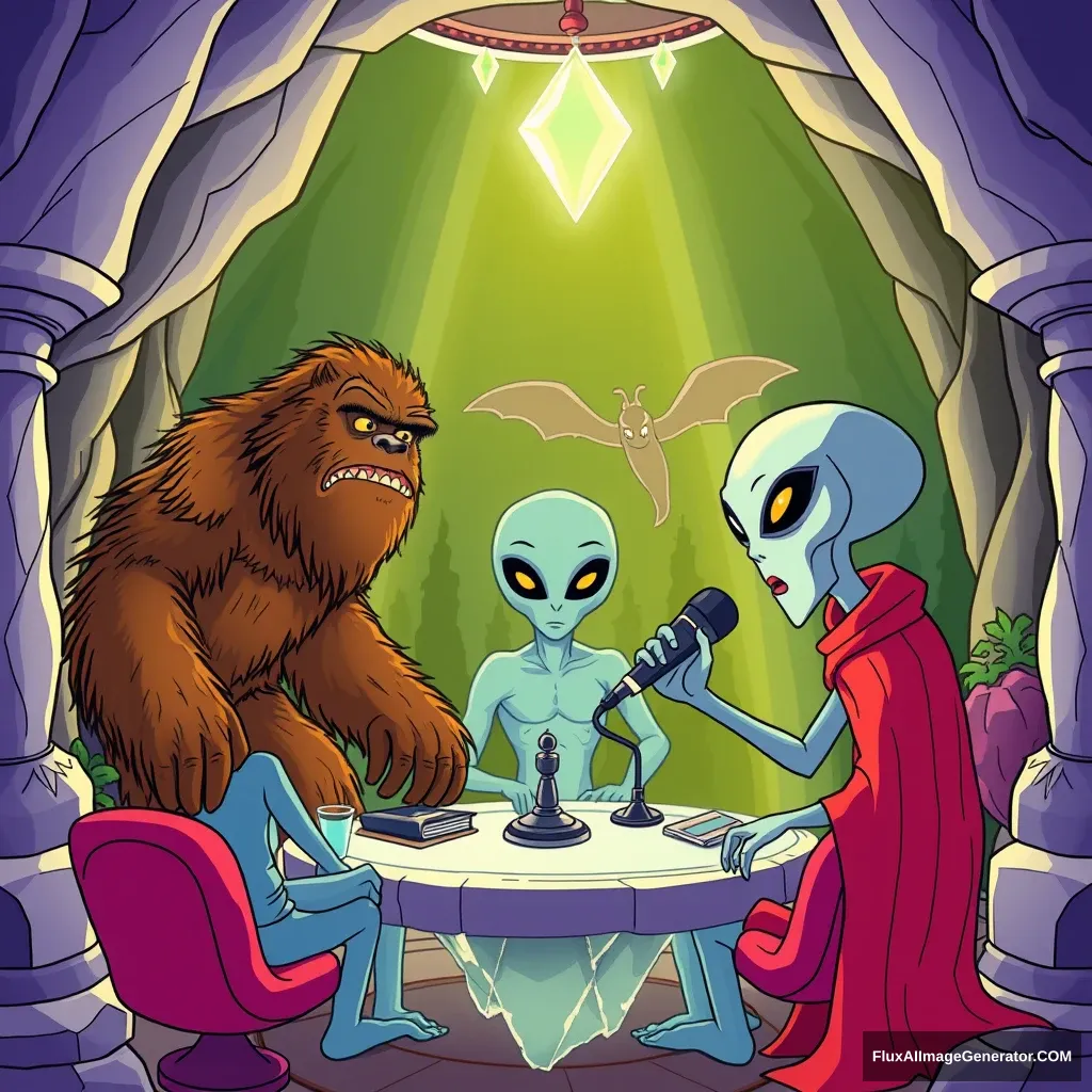 Sasquatch, Mothman, and a grey alien doing a podcast in a crystal castle. It's a cartoon from the 80s, like Batman: The Animated Series.