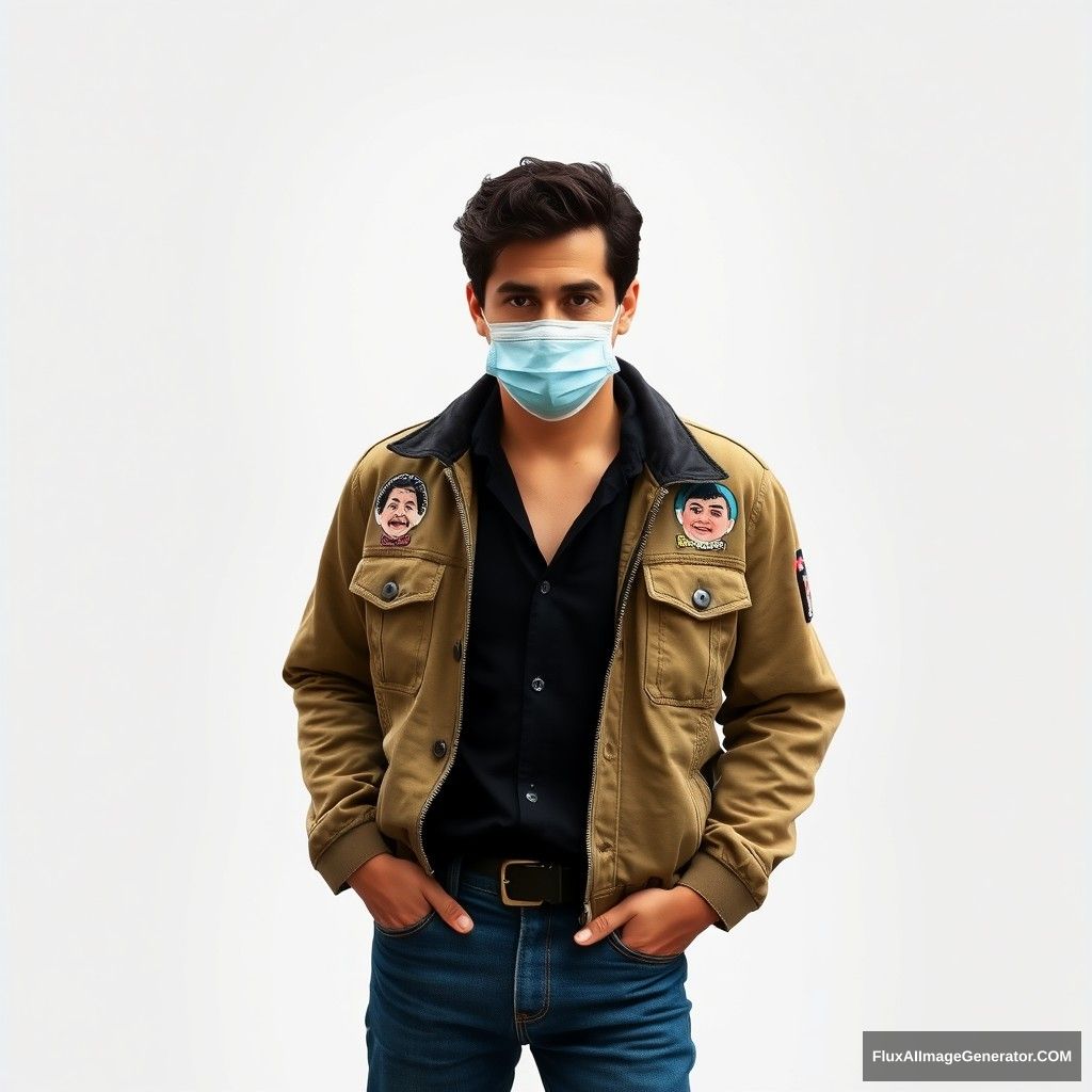 Freddie Prinze, handsome, face mask, collage jacket, jeans.