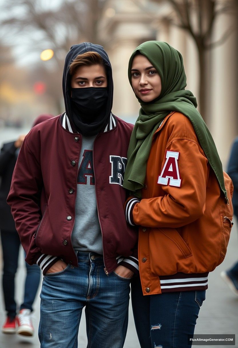 Jamie Dornan, young, black face mask, capital A collage jacket, jeans, red sneakers, dating, romantic love with the biggest army green hijab, beautiful eyes, black face mask, college jacket, hyper-realistic, street photography, full photography.