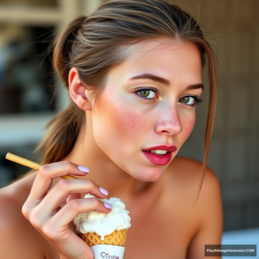 A very pretty, skinny 28-year-old adult, Ally Hinson, with brown hair tied back in a ponytail, freckles, and visible pores, eating ice cream. Skin imperfections.