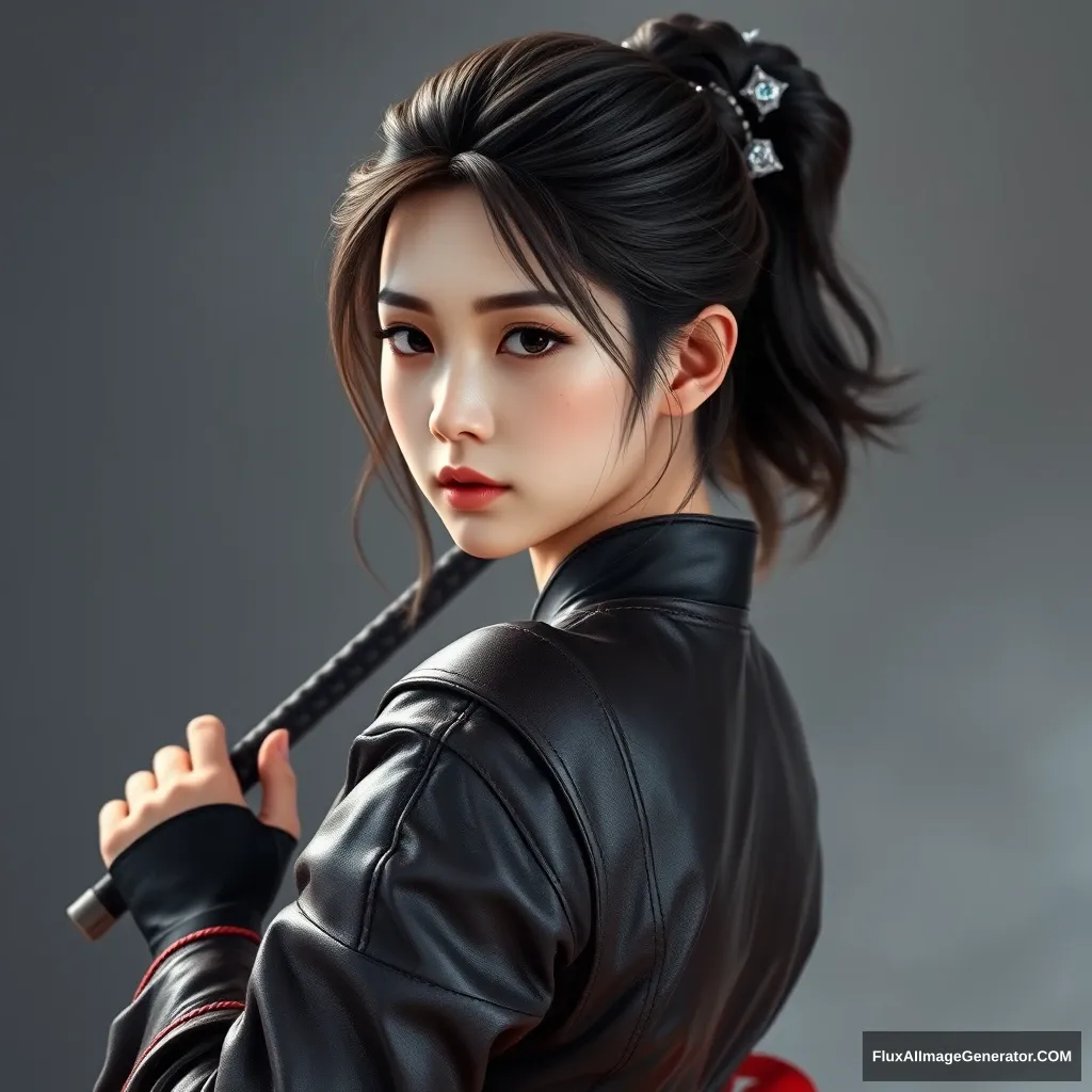 A gorgeous and elegant girl (like Tang Wei) is wearing leather armor (Korean traditional clothing style), with tousled hair and a silver hairpiece, the skirt hemline at the back. The pus is on one side of the stain, holding a traditional Korean sword, with a scar on her left cheek, in a hyper-realistic photo, unreal engine. - Image