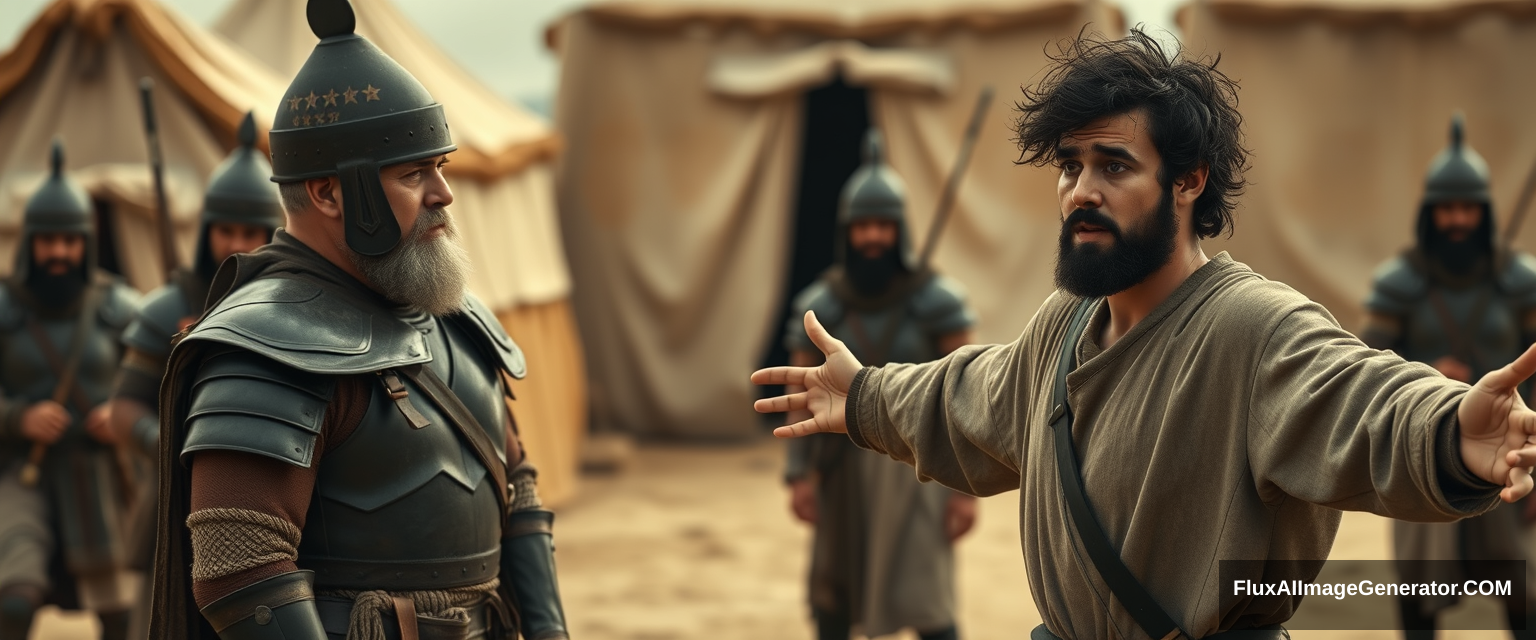 Create an image of two men standing apart and facing off, with a group of four soldiers gathered closely behind the man on the left. The man on the right is a young man, arms stretched out to the sides, looking shocked with dark, messy, unkempt hair and a beard. He is dressed in a simple biblical-era shepherd's tunic and is staring sternly at the left eye of the man on the left. The other man appears middle-aged, has a Jewish black beard, and is wearing a full suit of biblical-era leather armor and a conical helmet with a pointed tip. The overall mood of the image is one of anxiety and concern. The background depicts a blurred ancient biblical Jewish army camp with desert Arabic tents. The overall mood is intense and cinematic. - Image