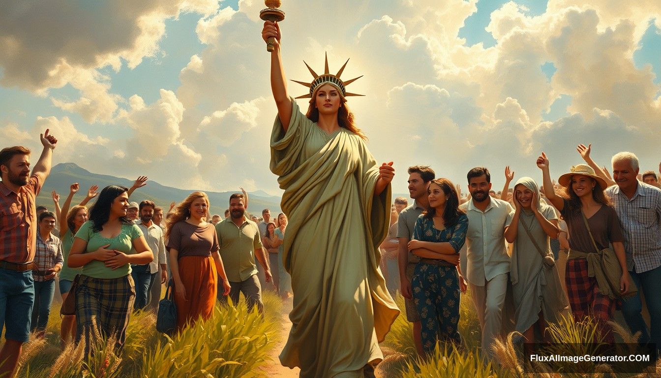 Oil painting style with a powerful and inspiring image depicting the concept of freedom and food sovereignty. In the foreground, a goddess symbolizing decentralized and blockchain leads the people towards a bright future, reminiscent of the iconic painting 'Liberty Leading the People.' She is surrounded by families and individuals who are joyous and supportive, embracing and helping each other. The scene is vibrant and full of hope, capturing the essence of unity, progress, and decentralized, family-based agricultural production. Light shines from the front, illuminating the scene. - Image