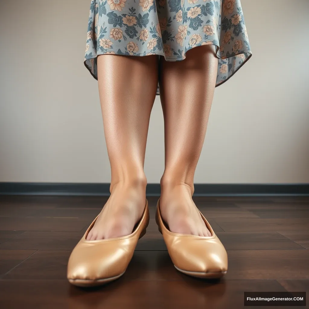 Point of view of a mature giant woman wearing ballet pumps.