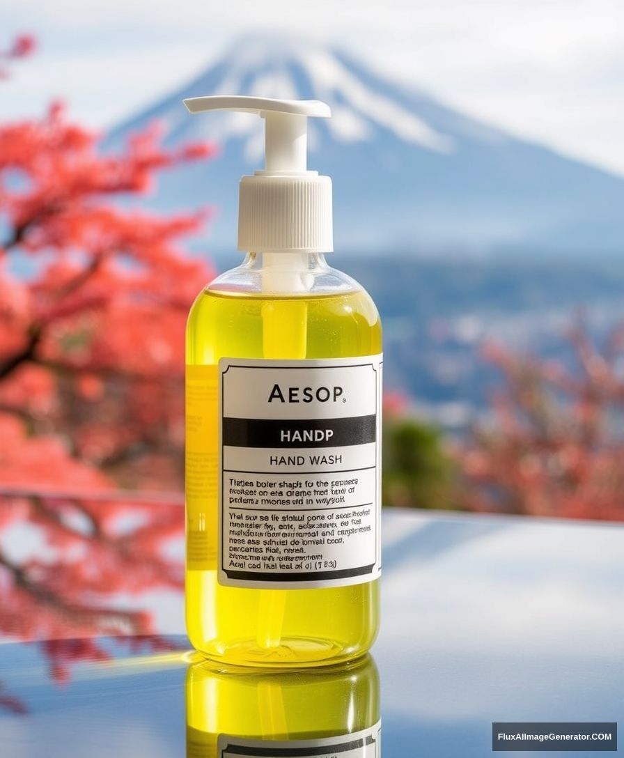 Aesop hand wash, Japanese Mount Fuji background.