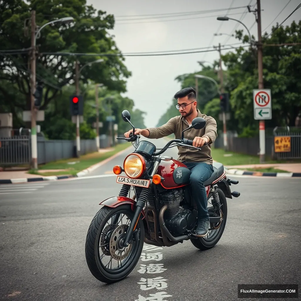 "At the crossroads, there is a handsome guy riding a smart motorcycle, which has guns and Chinese characters or Japanese." - Image