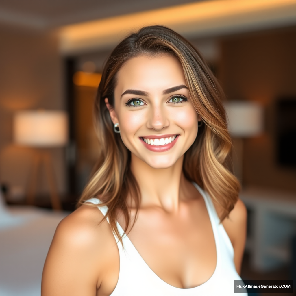 Pretty woman smiling in white tank top in hotel room with bokeh. - Image