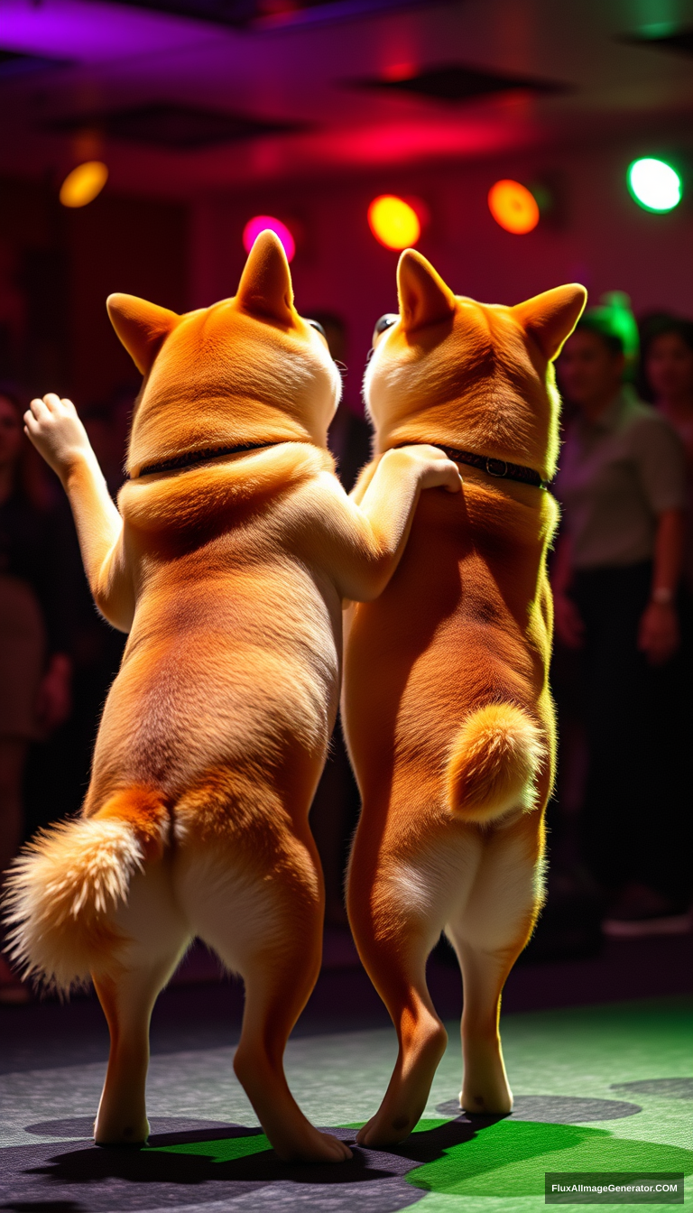 Two Shiba Inus are dancing disco, facing away from the audience.