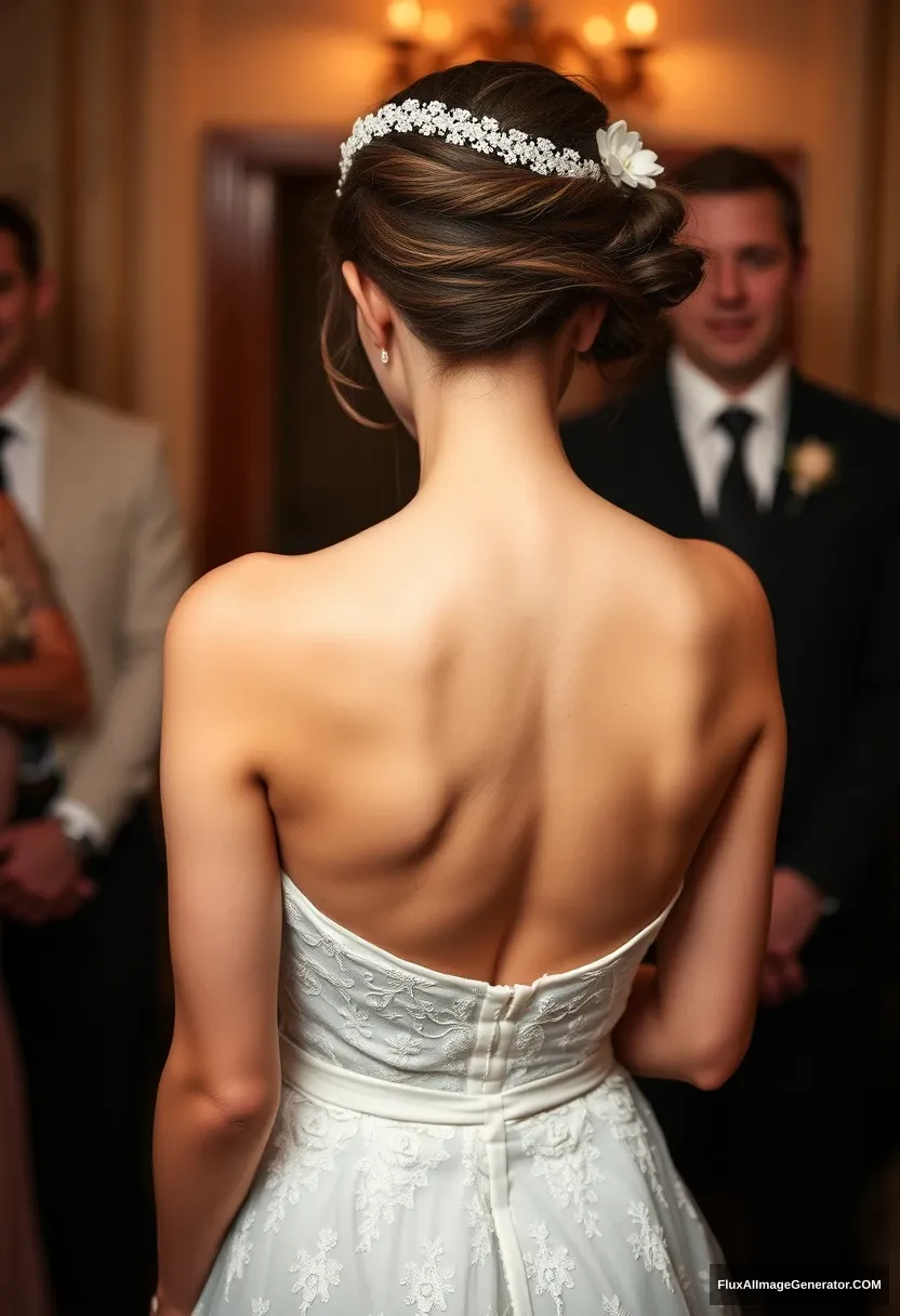 A young woman, sensitive, delicate, ashamed, wearing a backless strapless small-waisted wedding dress, feeling powerless in front of patriarchy.