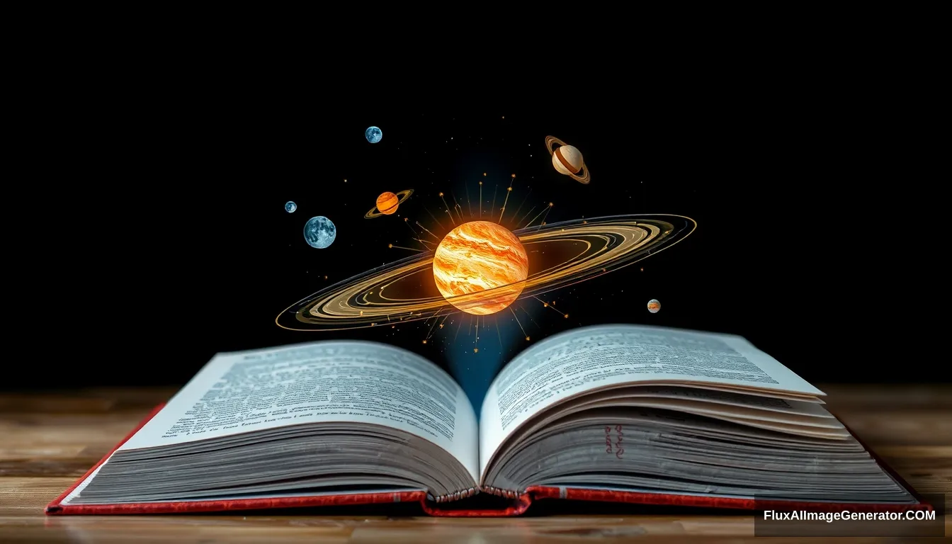 an opened book with holographic projection on it, showing solar system - Image