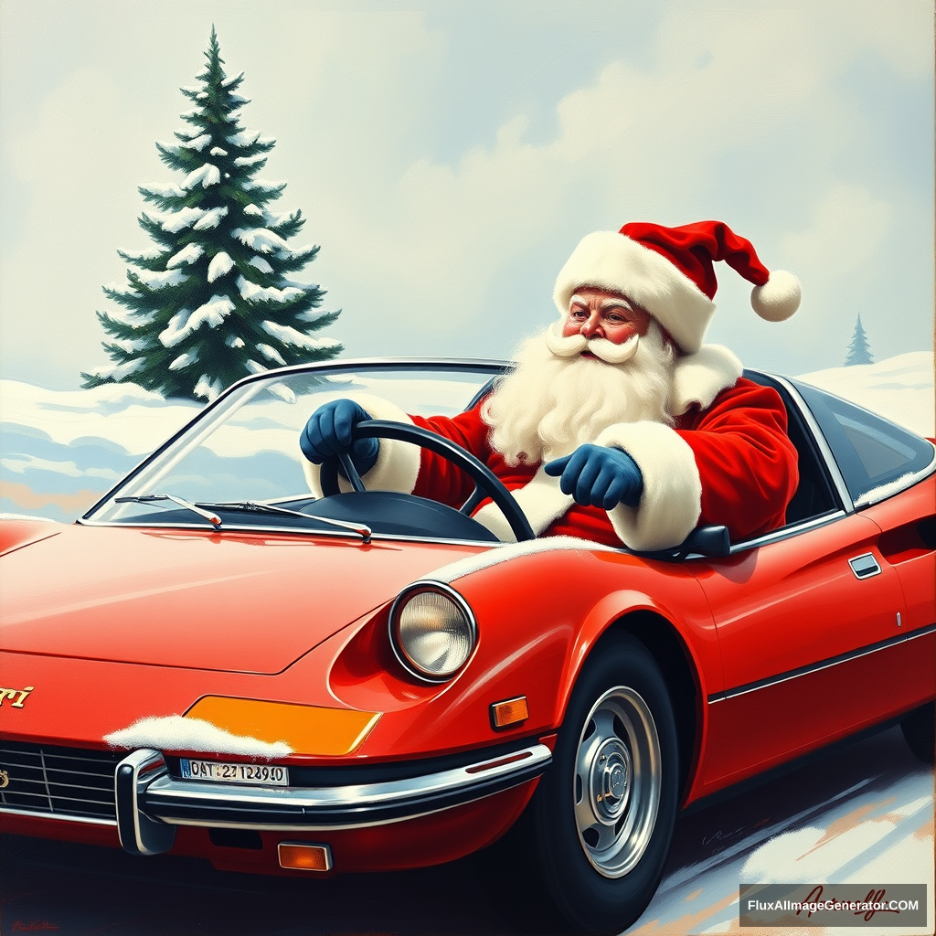 Santa driving a Ferrari 308 GTS, a painting by Arthur Sarnoff, 4K. - Image