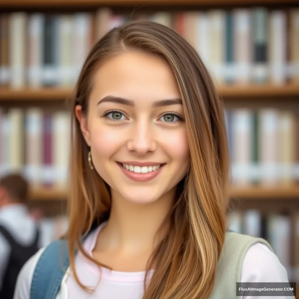 Young woman, professional photo, at college, pastel clothing.