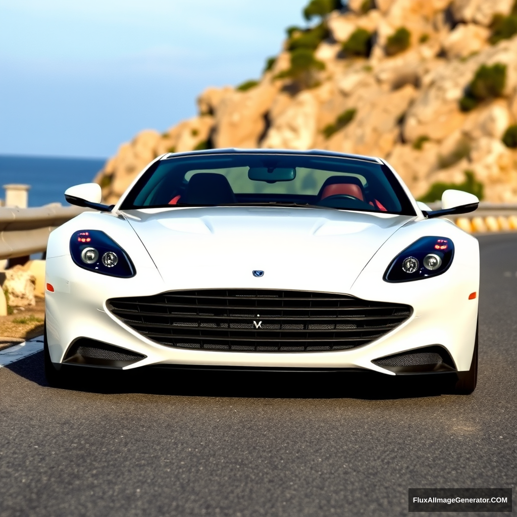 White realistic sports car, going on the roads of Costa Smeralda, Sardinia. REALISTIC, the car has to look a bit like a falcon, especially the headlights. - Image