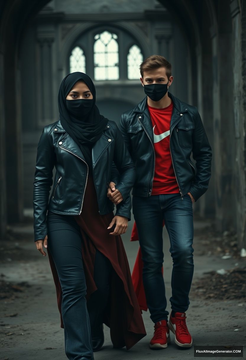 A big black hijab girl with beautiful eyes, wearing a black face mask and a black leather jacket, in a big red long dress, not tall, walking near him and in love, holding his arm, love couple.

Jamie Dornan, handsome, young, wearing a black face mask, fit and tough body, Nike red t-shirt, black leather jacket, jeans, red sneakers, tall man, walking near her, love couple.

Hyper-realistic, photorealistic, studio photography, exploring Victoria's abandoned castle, gloomy. - Image