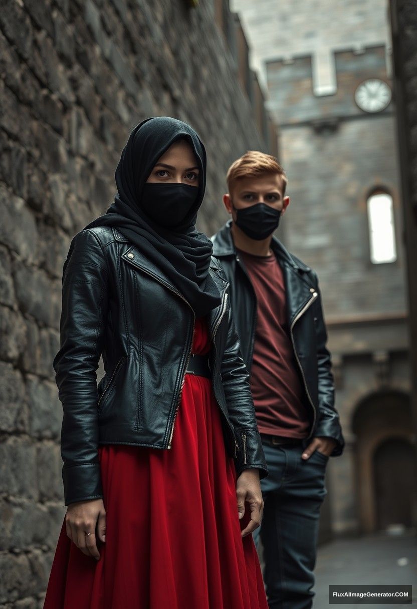 A biggest black hijab girl, beautiful eyes, face mask black, black leather jacket, biggest red longest dress, not tall,

Jamie Dornan, handsome, face mask black, fit and tough body, metal red t-shirt, black leather jacket, jeans, tall man,

standing near wall together,
Hyper realistic, photorealistic, street photography, Victoria's abandoned castle, gloomy, darkness.