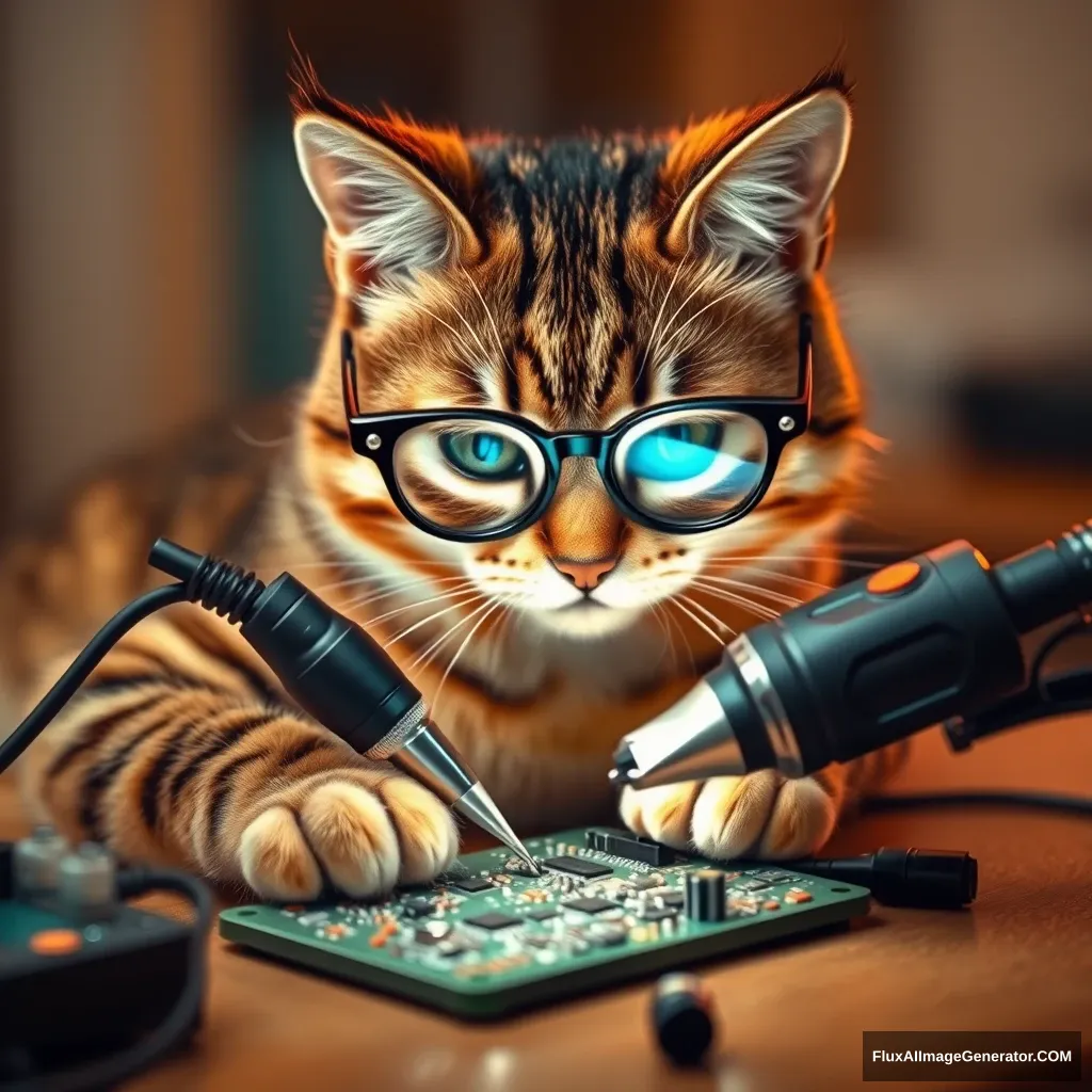 A mischievous tabby cat, wearing tiny spectacles, meticulously solders a circuit board with an iron. Warm lighting. Delicate French knots form components. Style: Hyper-realistic embroidery art, blending traditional craftsmanship with modern technology. - Image