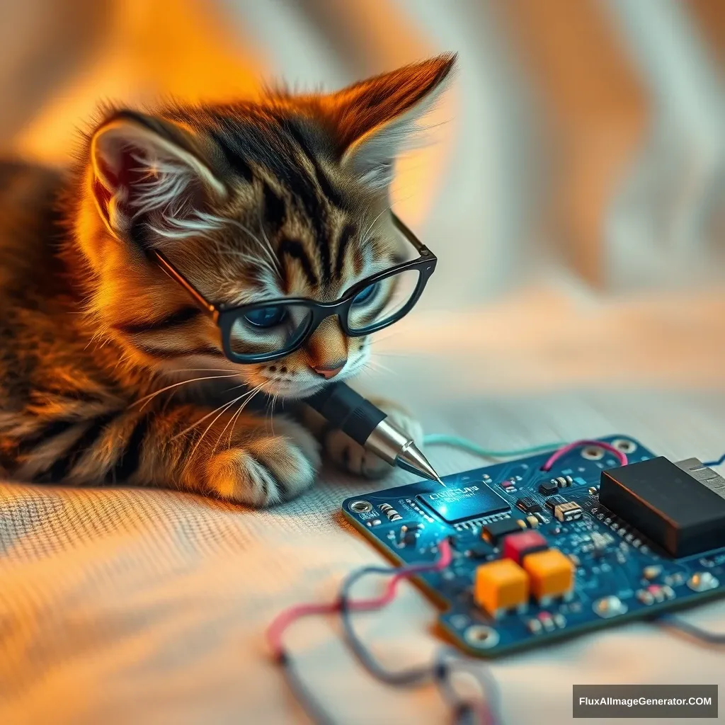 A mischievous tabby cat, wearing tiny spectacles, meticulously solders a circuit board with a miniature iron. Vibrant threads weave intricate patterns, mimicking electronic pathways. Soft fabric backdrop, warm lighting. Delicate French knots form components. Style: Hyper-realistic embroidery art, blending traditional craftsmanship with modern technology. - Image