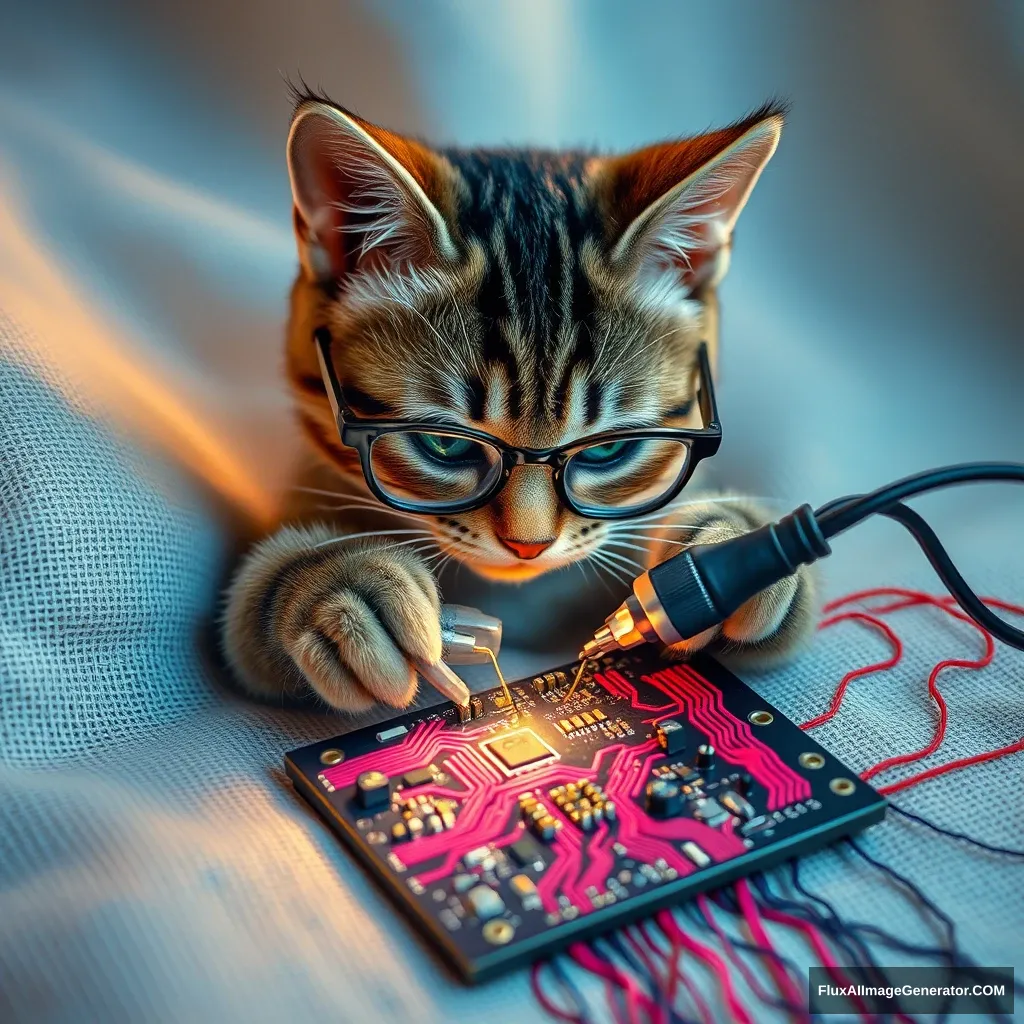 A mischievous tabby cat, wearing tiny spectacles, meticulously solders a circuit board with a miniature iron. Vibrant threads weave intricate patterns, mimicking electronic pathways. Soft fabric backdrop, warm lighting. Delicate French knots form components. Style: Hyper-realistic embroidery art, blending traditional craftsmanship with modern technology. - Image