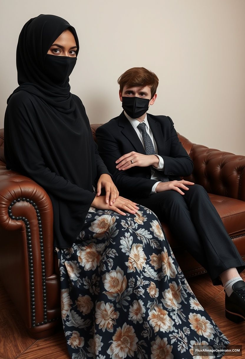 A biggest black hijab girl, slim girl, beautiful eyes, face mask black, wears a wedding ring, biggest floral longest dress, sitting on a leather single wing sofa, 

Jamie Dornan, youngest, black suit coat, grey patterned tie, black leather sneakers, tall man, face mask black, wearing a wedding ring, fit body, sitting near her, 

hyper-realistic, studio photography.