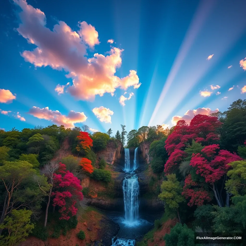 hotpink, deeppink, fuchsia, deepskyblue, cyan, springgreen, sandybrown, orangered, gold, mediumturquoise, palegreen, blue sky with clouds, grove, waterfall, crepuscular rays, beautiful lighting, sun light, wide view, extremely detailed, 8K - Image