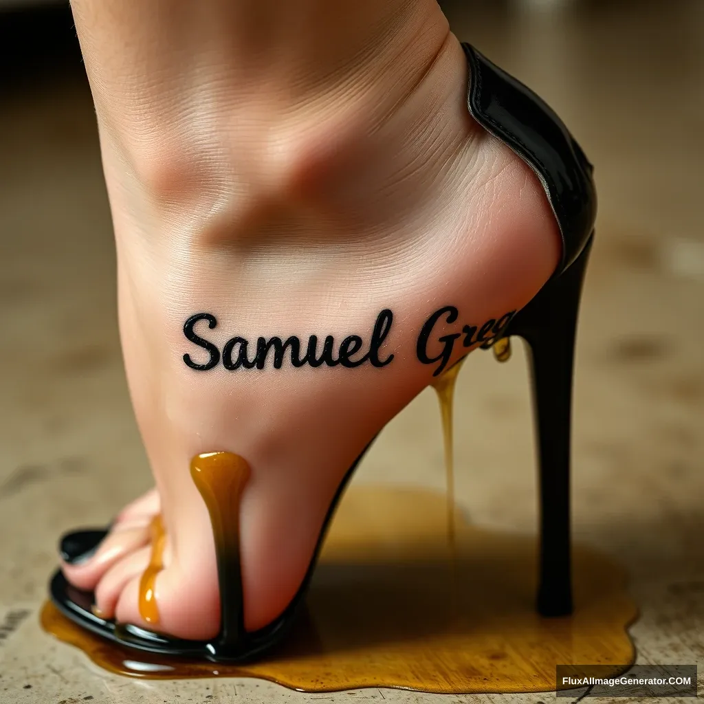 The name "Samuel Greg" on a woman's foot in a black high heel. There is oil all over the foot. - Image