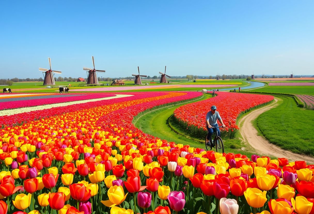 Sprawling, colorful tulip fields, blooming flowers, vibrant, cheerful, high quality, photorealistic, idyllic, springtime, windmills, rural, Dutch countryside, picturesque, breathtaking::0.9 cycling, bicycle paths, windmill-lined canals, charming, blue skies, peaceful, farmland, grazing cows.