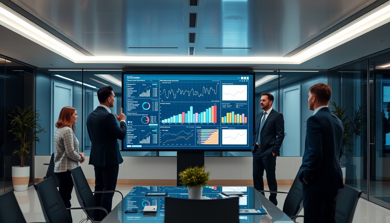 A sleek, modern office with a large digital screen displaying data analytics, surrounded by professionals engaged in discussion.