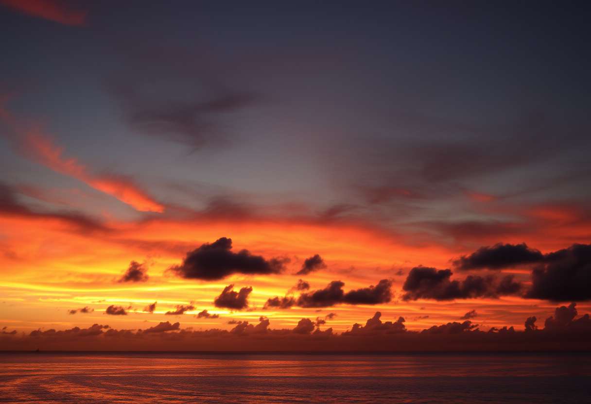 Dramatic, fiery sunset, clouds, silhouettes, high quality, photorealistic, evening sky, reflection, serene, seashells.