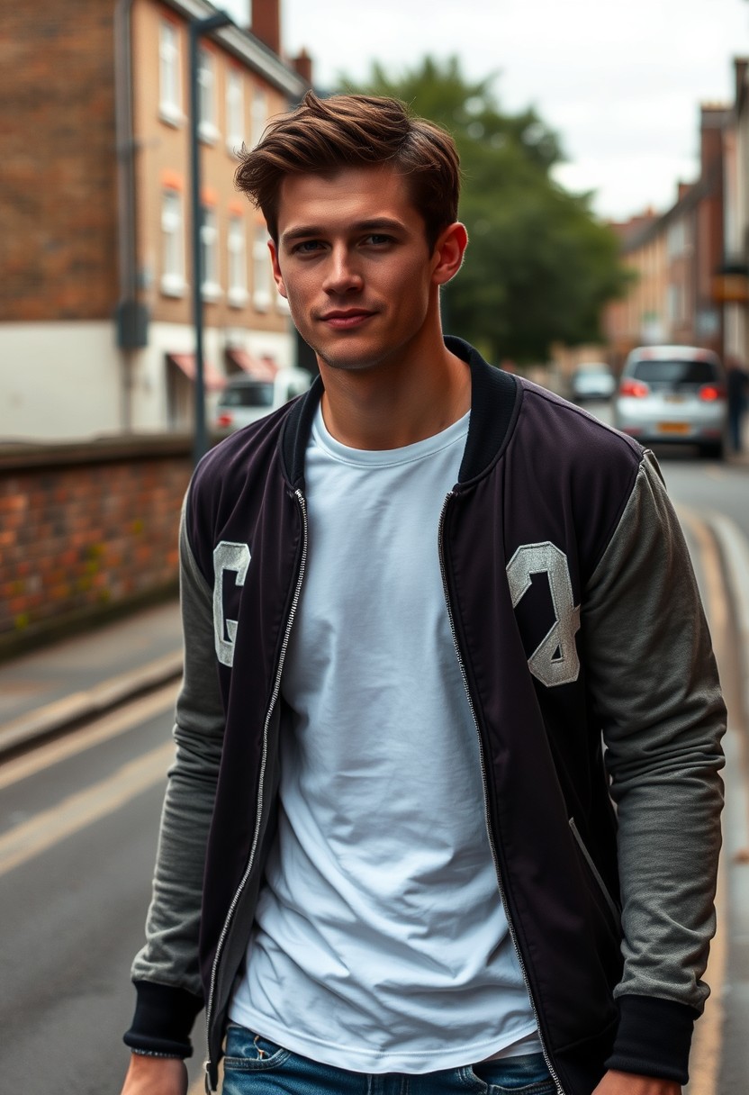 Jamie Dornan head and body shot, handsome, young, serious face, dark brown hair, white T-shirt, college jacket, skinny jeans, sneakers, walking with a hot style, flirting face smile, near town road, hyper-realistic, street photography, brick wall, full body photo.