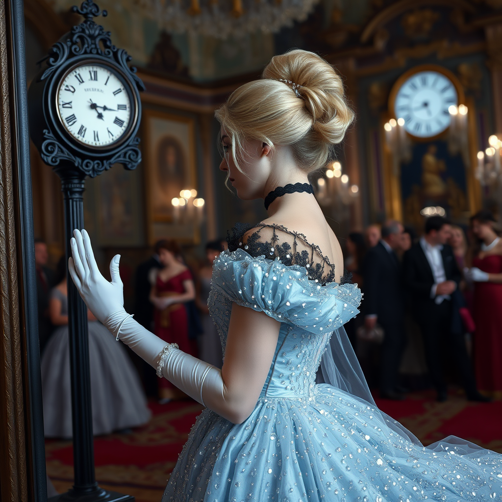 Blonde Cinderella is afraid, looking at a midnight clock. She is wearing a pearl pale blue magical gown covered in billions of shiny crystals, with black velvet lace around her neck, white long gloves, glass shoes, and her hair pulled up. It's night time. She is entering a palace ballroom full of people. The image has a depth of field, gray eyes, set in the 1700s. She has perfect hands, a perfect face, and perfect eyes. The photograph is realistic, in 8K quality, and set in England. - Image