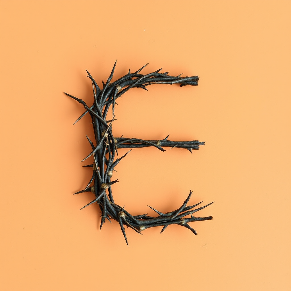 A letter "E" made of thorns in the shape of an "E" on a light orange background, realistic photograph. - Image