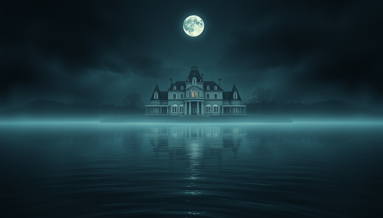 An ethereal mansion on the surface of a lake, under a foreboding full moon.