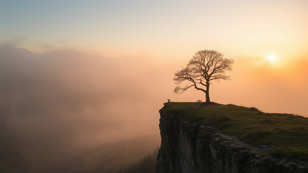 a lone tree on the edge of a cliff at sunrise in a foggy valley, by Ivan Grohar, a picture, art photography, misty mood, foggy landscape, dawn light, at sunrise, an amazing landscape image, award winning landscape photo