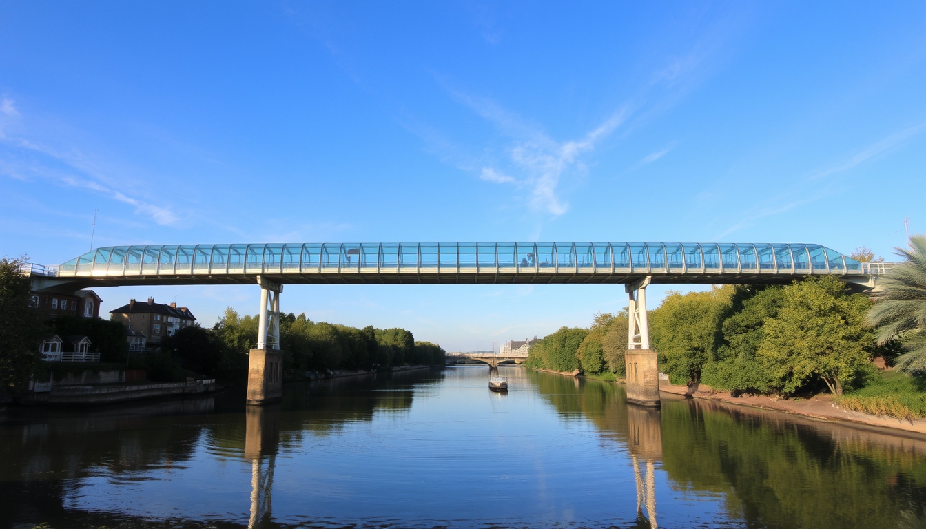 A serene river scene with a glass-bottomed bridge crossing over it. - Image