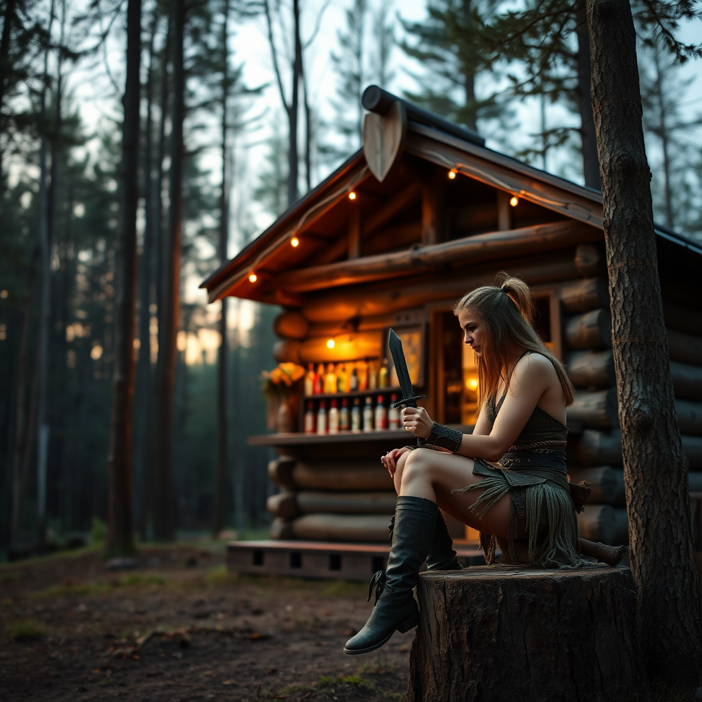 Real-life photography: In the evening, in the forest, there is a wooden cabin that serves as a bar. Next to the cabin bar, a female barbarian is sitting on a wooden stump, holding a dagger and looking at it.