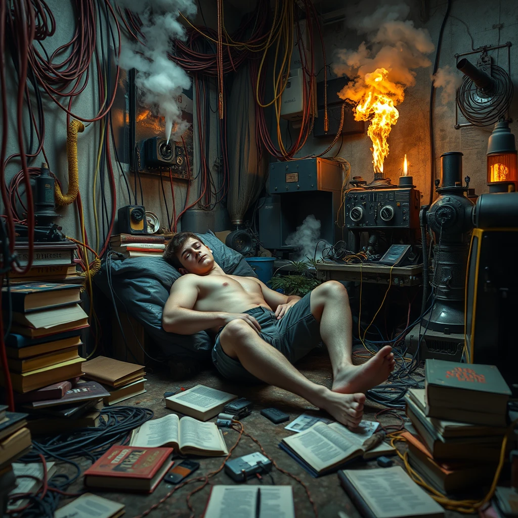 A real-life photograph, wide shot, of a handsome teen with a good physique sleeping in the corner of a room. The room has some books scattered messily, and many wires of varying thicknesses are on the floor and in the air, including red, blue, yellow, and other colors. Additionally, there are some machines emitting steam and fire. The lighting is dim, and there are some plants.