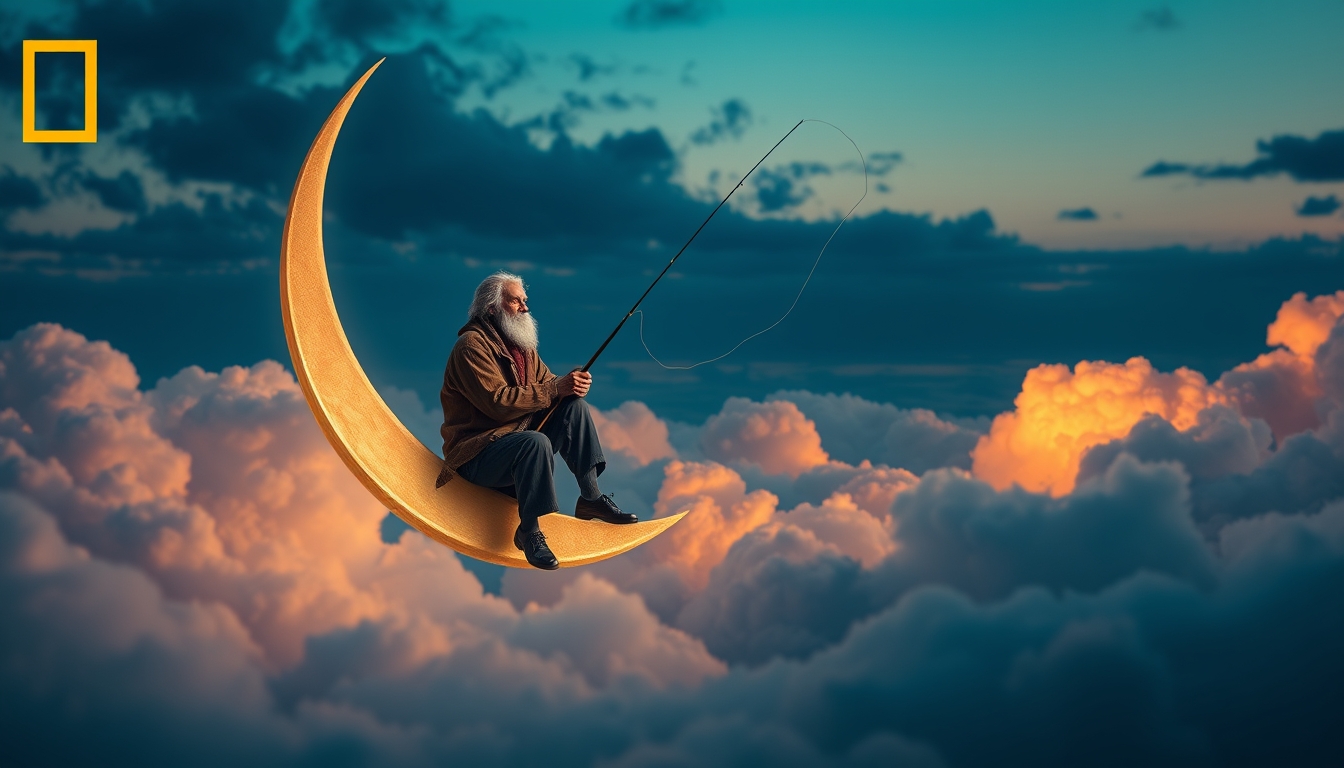 An old man sits serenely on a crescent moon, (fishing among the clouds:1.4). The scene has an evening, tranquil atmosphere. It’s dreamy and whimsical. deep depth of field, photography, Natural geographic photo, Hyper-realistic, 16k resolution, (masterpiece, award winning artwork), many details, extreme detailed, full of details, Wide range of colors, high Dynamic.