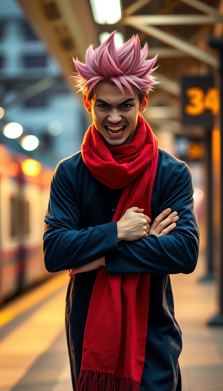 A Japanese guy wearing a dark blue long-sleeve dress with a red scarf around his neck, pink spiky hair, full of spirit and energetic expression, angry, during golden hour, with a Tokyo train station background and bokeh.